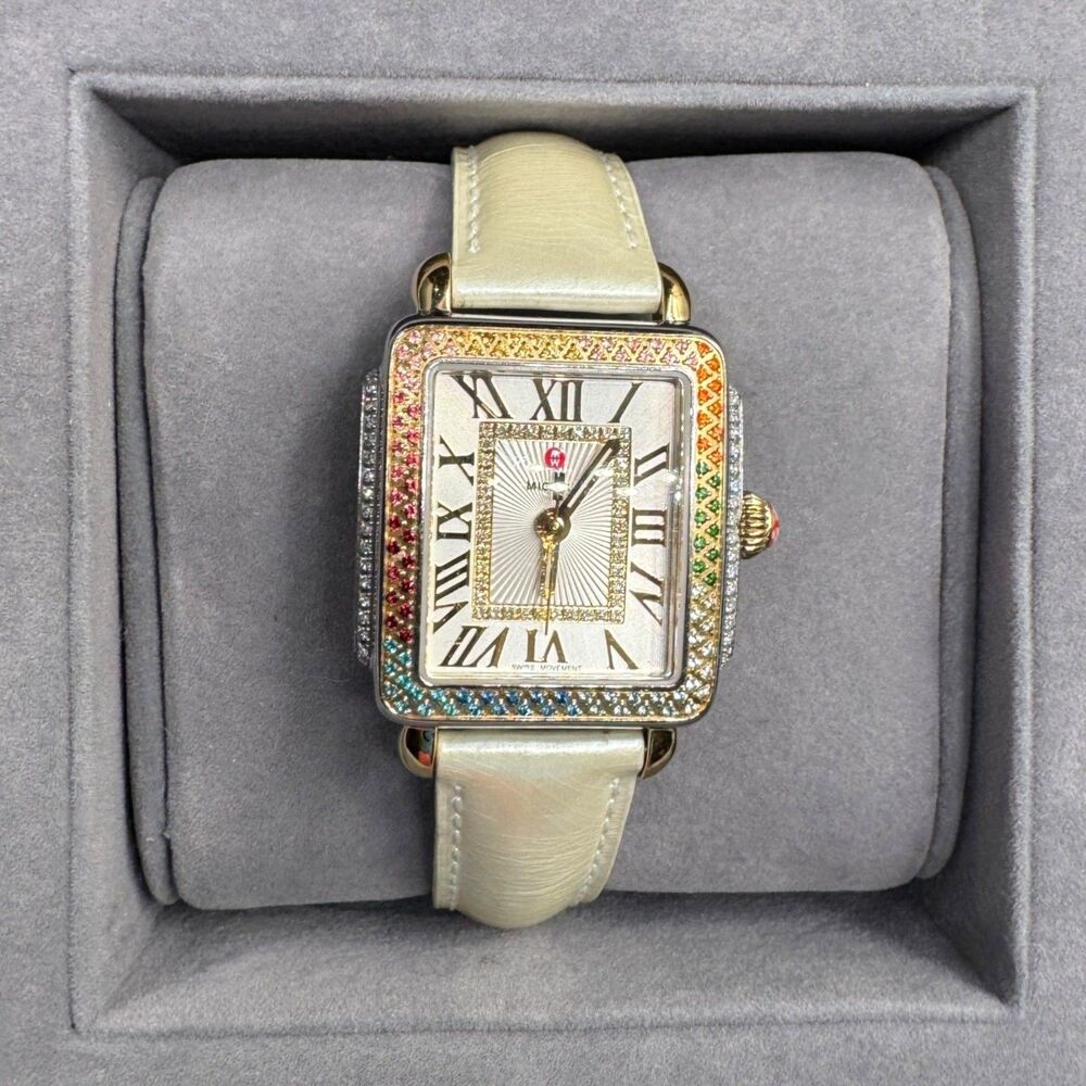 Rare MICHELE Deco Madison Mid Carousel Two-Tone Rainbow Topaz Diamond Watch - Picture 13 of 15